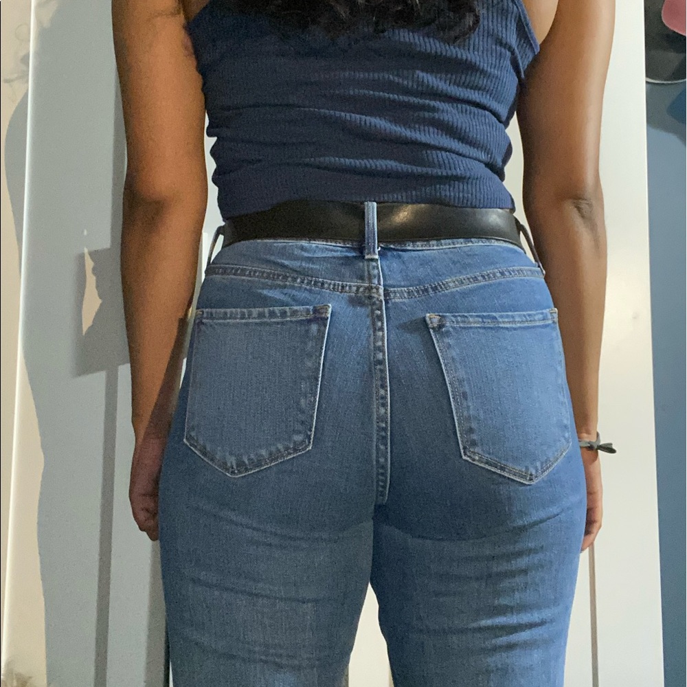 Straight leg jeans.